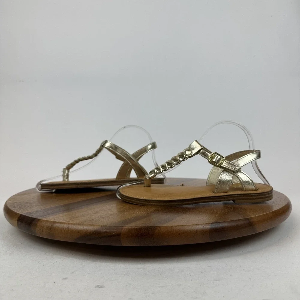 New Big Kids Girls Mia Annae Gold Faux Leather Braided T-Strap‎ Sandals Size 2 Y